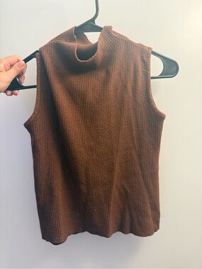 Brown Sleeveless High Neck Wool Top